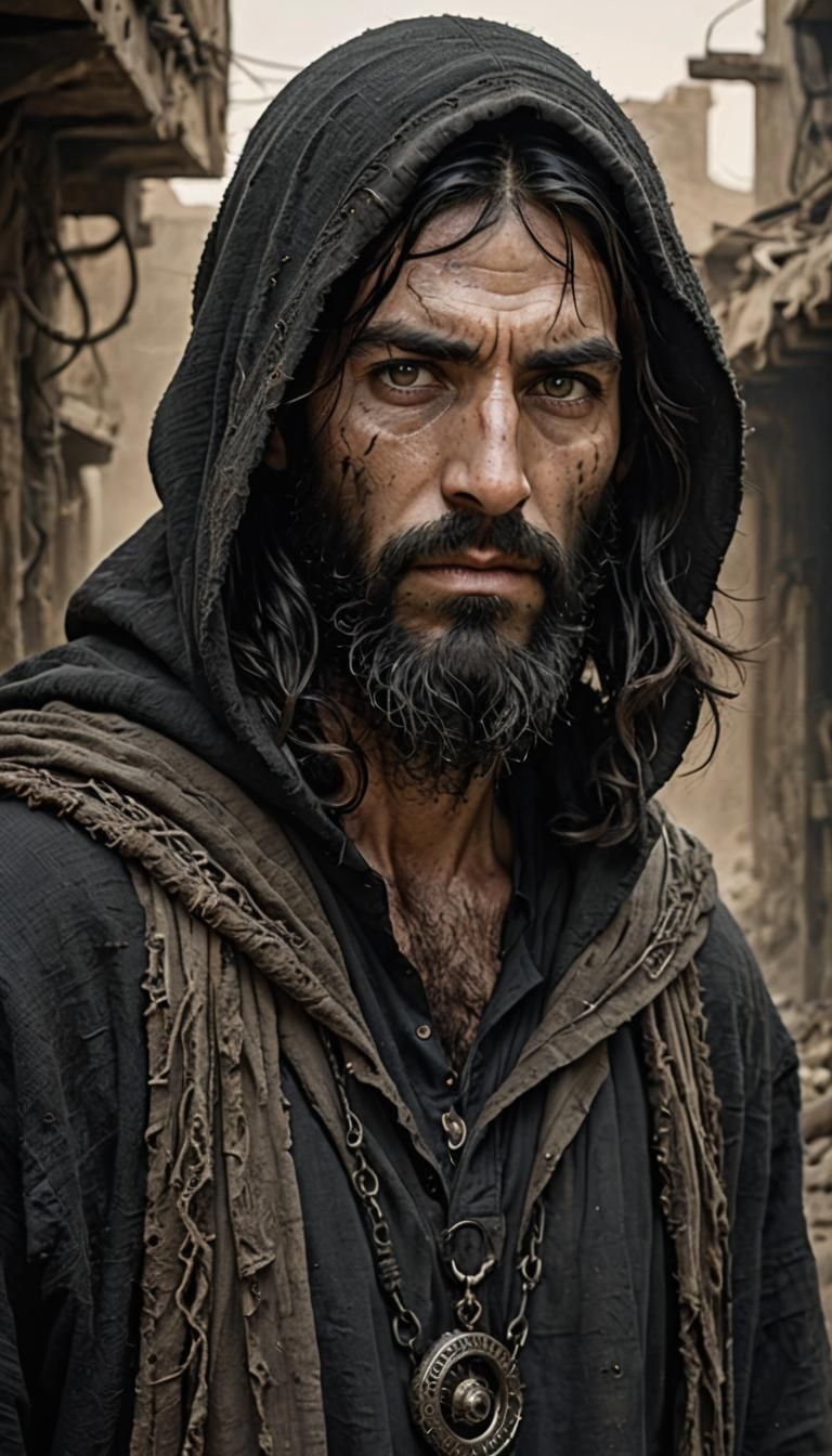 Mysterious Hooded Figure in Post-Apocalyptic Setting