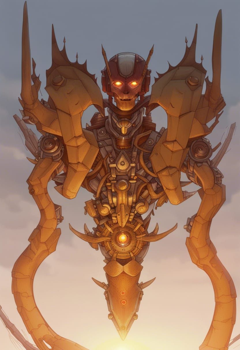 Hyperrealistic AI Robot Engine with Gold Columns