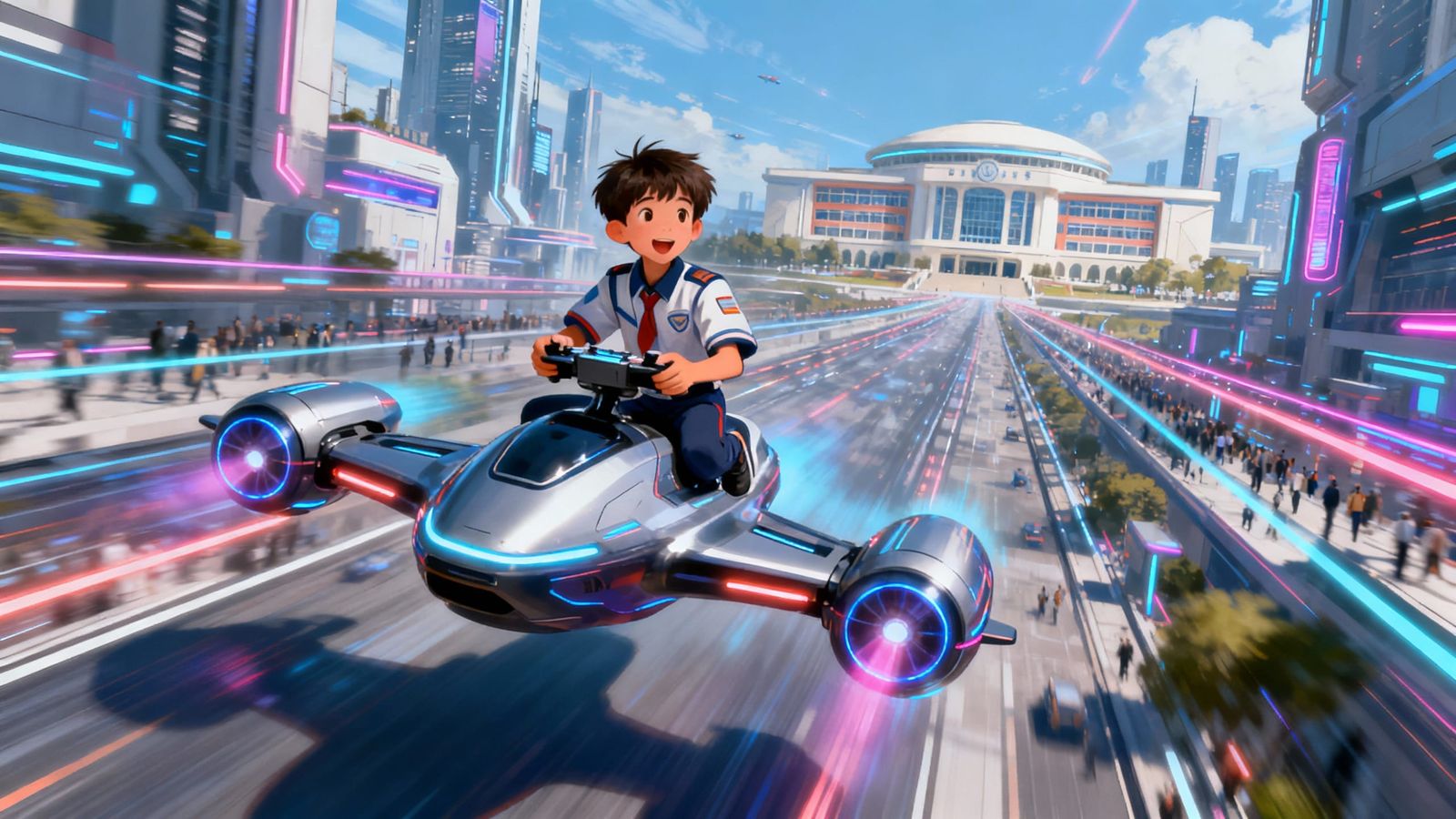 Boy Pilots Drone Over Futuristic City