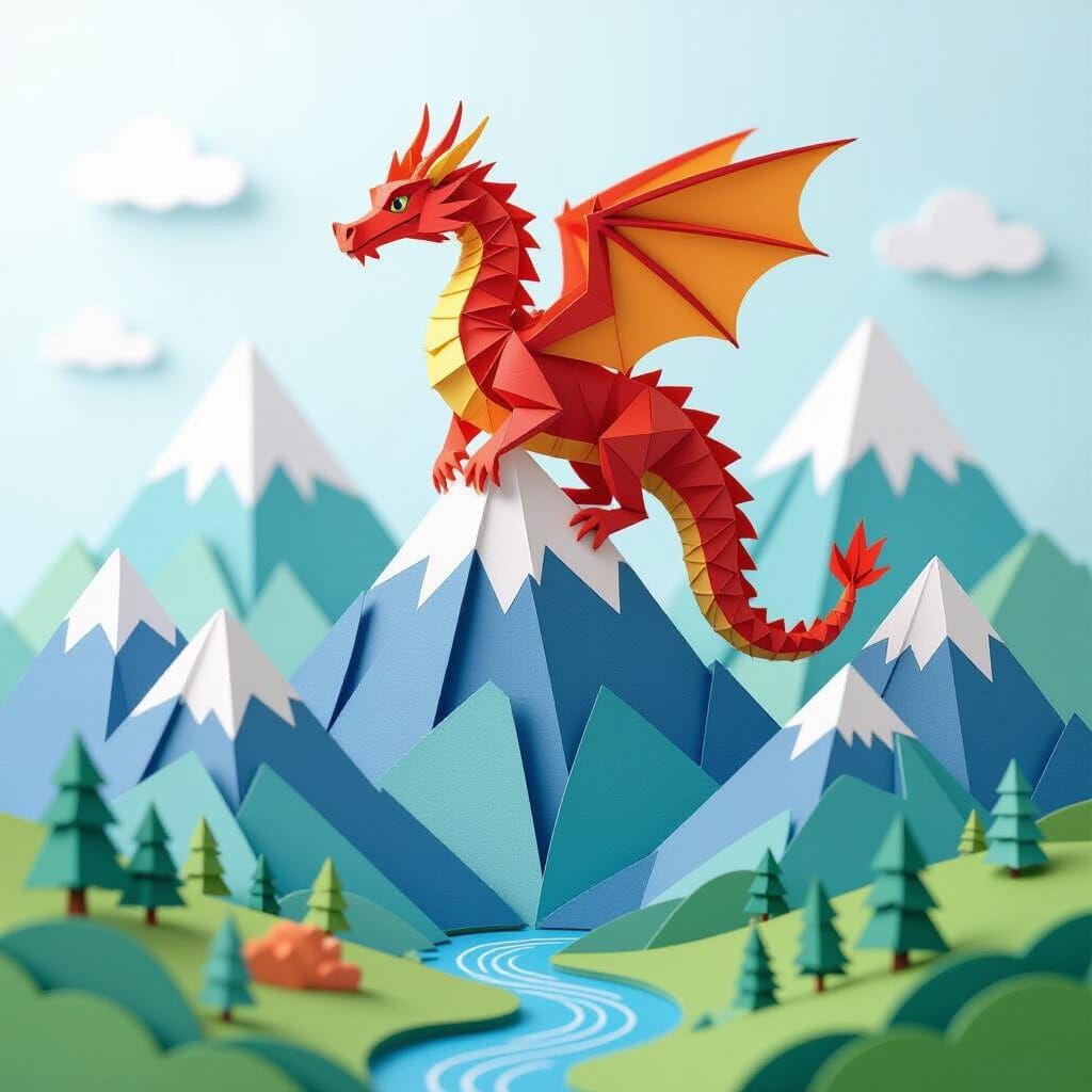 Origami Dragon on Paper Mountain Landscape