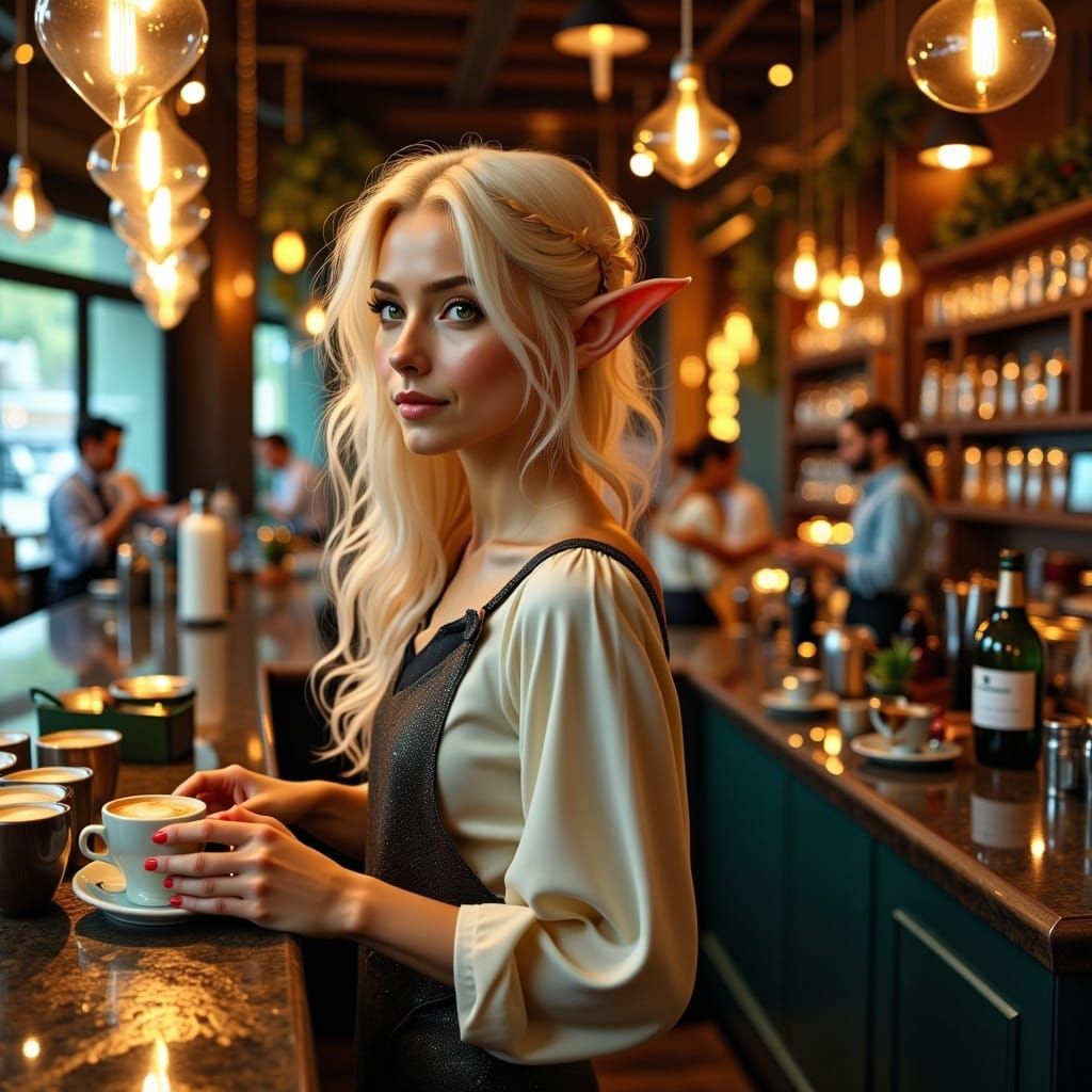 Elf Barista Pouring Latte Art in Bustling Cafe