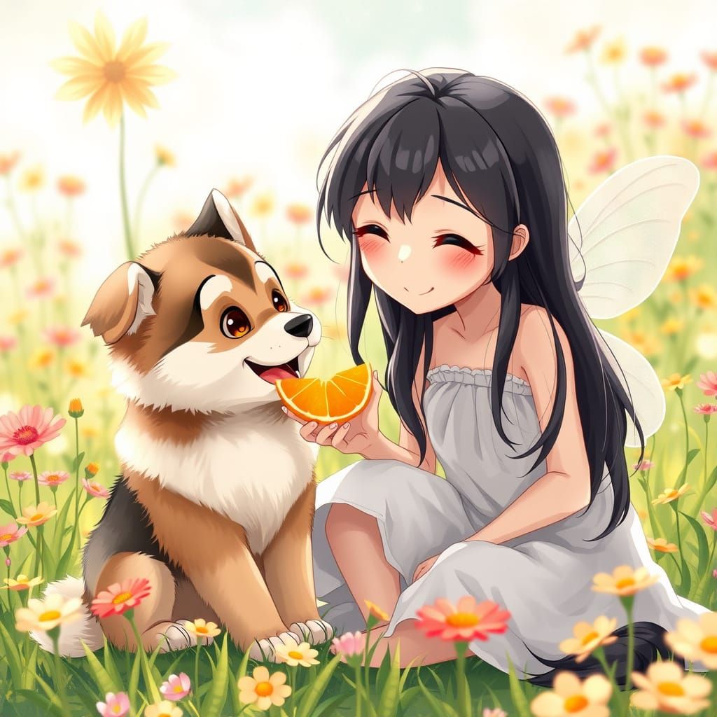 Whimsical Anime Scene of Fairy and German Shepherd Puppy in ...