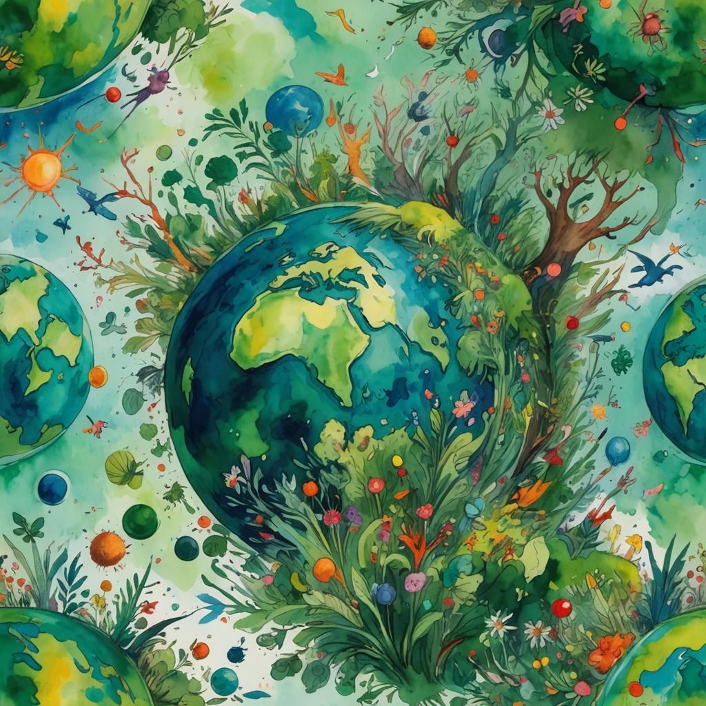Lush Green Planet Earth in Gouache Style