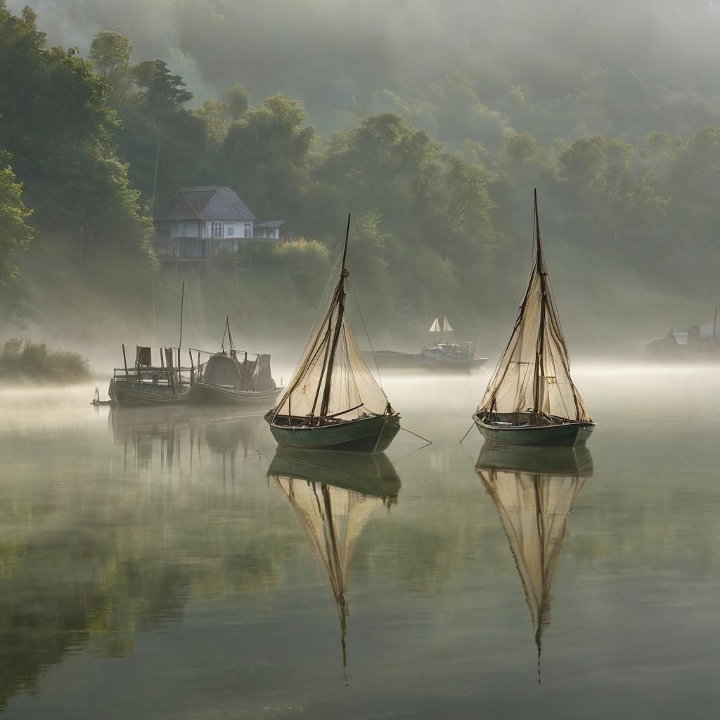 Misty Village Dawn: Man Fishing on Lake