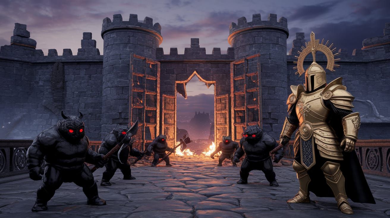 Paladin Defends Ruined Castle From Armored Invaders