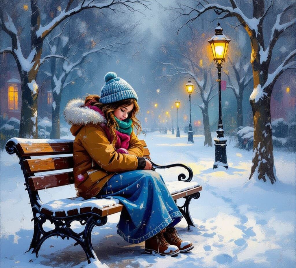 Peasant Girl in Snowy City, Impressionist Masterpiece