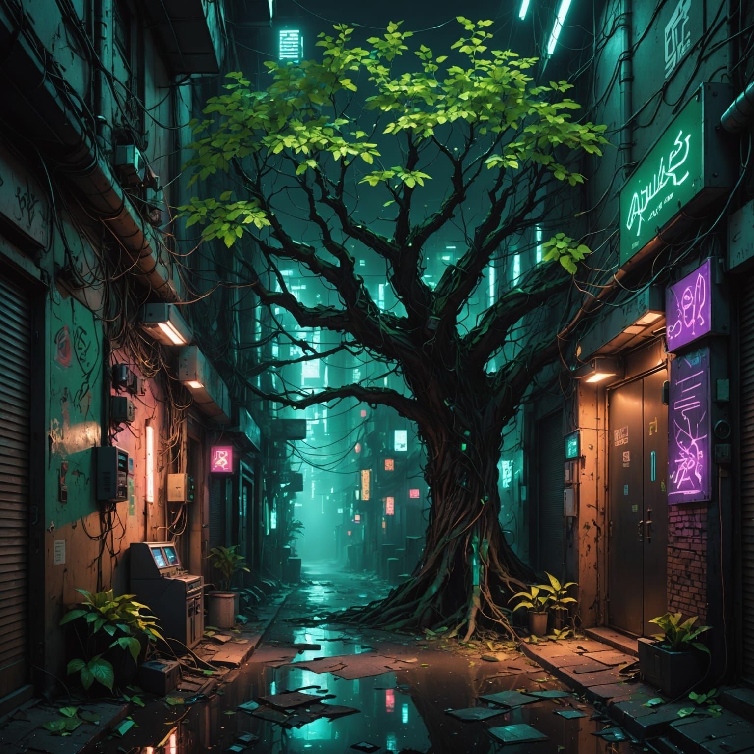 Cyberpunk Tree With Circuitry Branches in Neon Alley