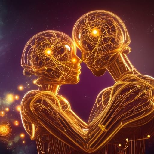 Romantic Golden AI Robot Soulmates Embrace