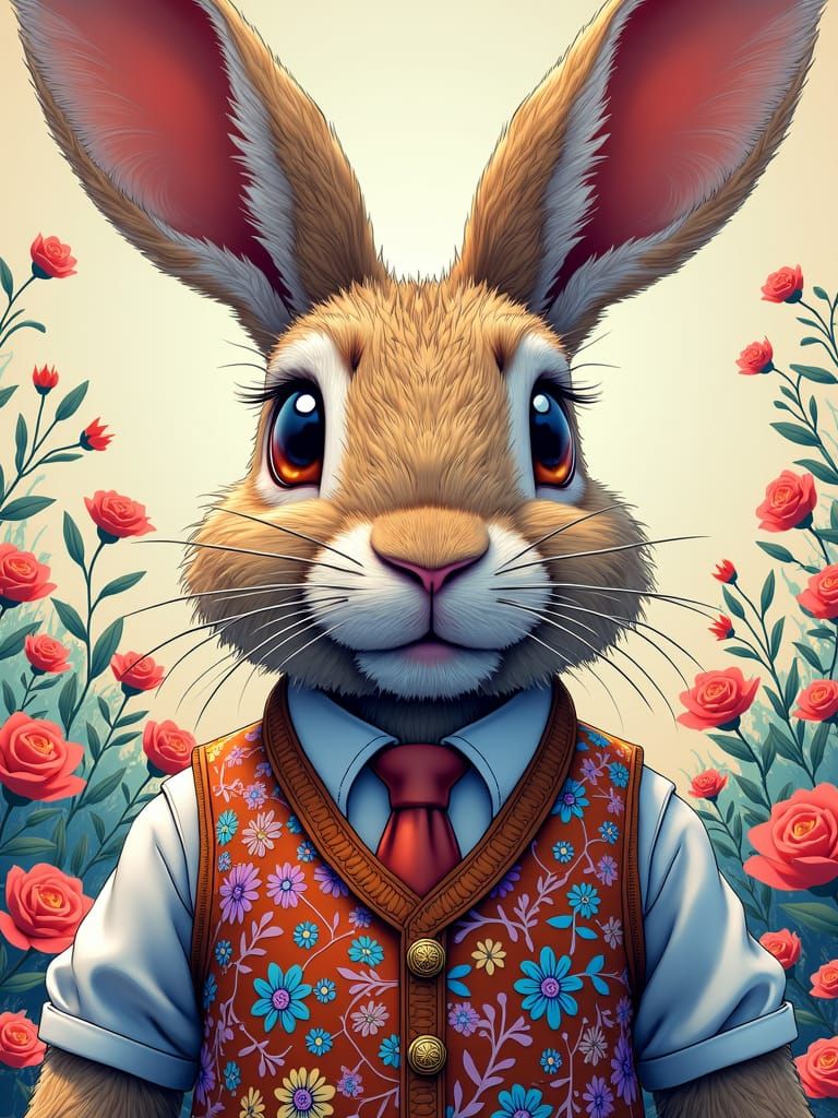 Rabbit in Waistcoat: Detailed Line Art Illustration