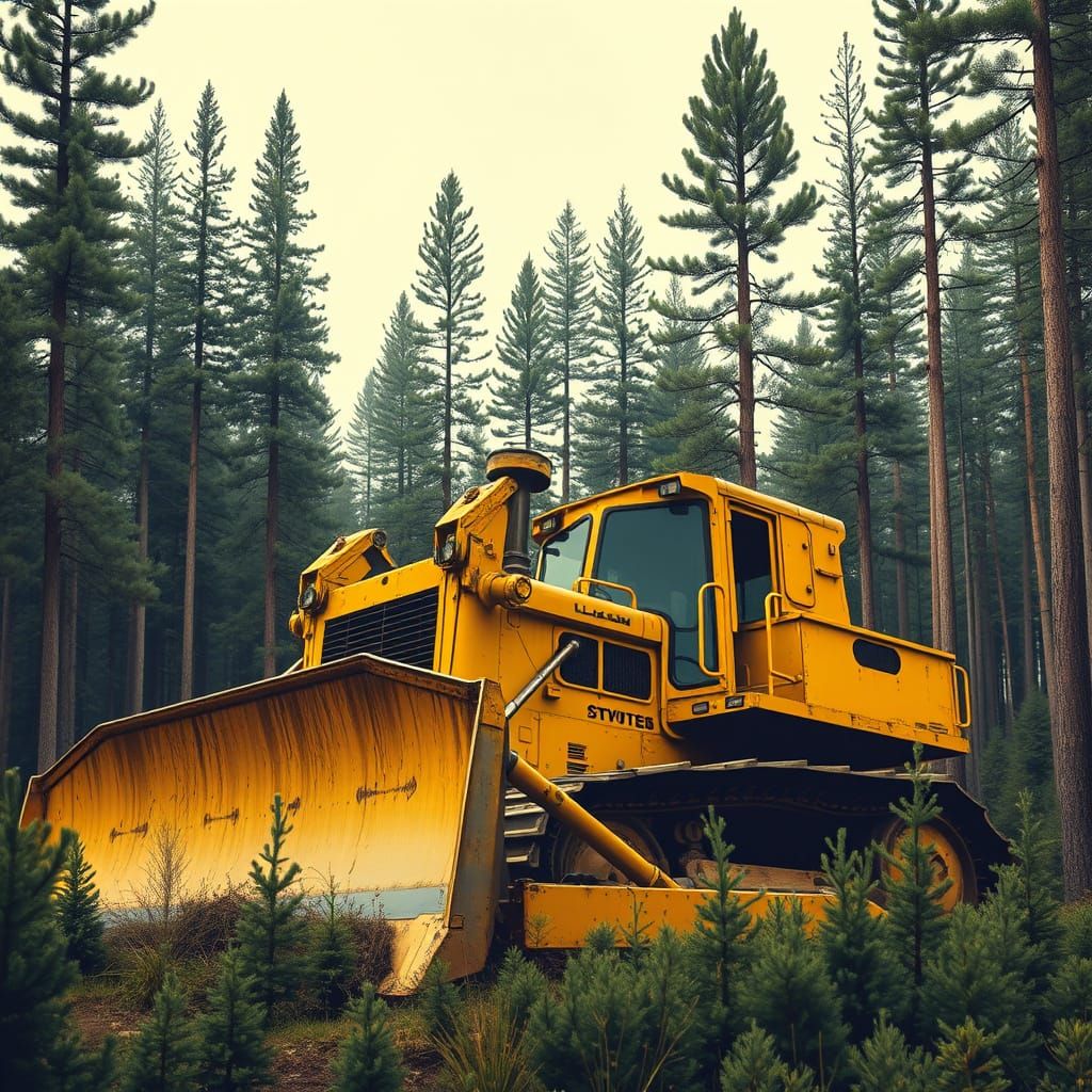 Vibrant Bulldozer Dismantles Towering Pine Forest