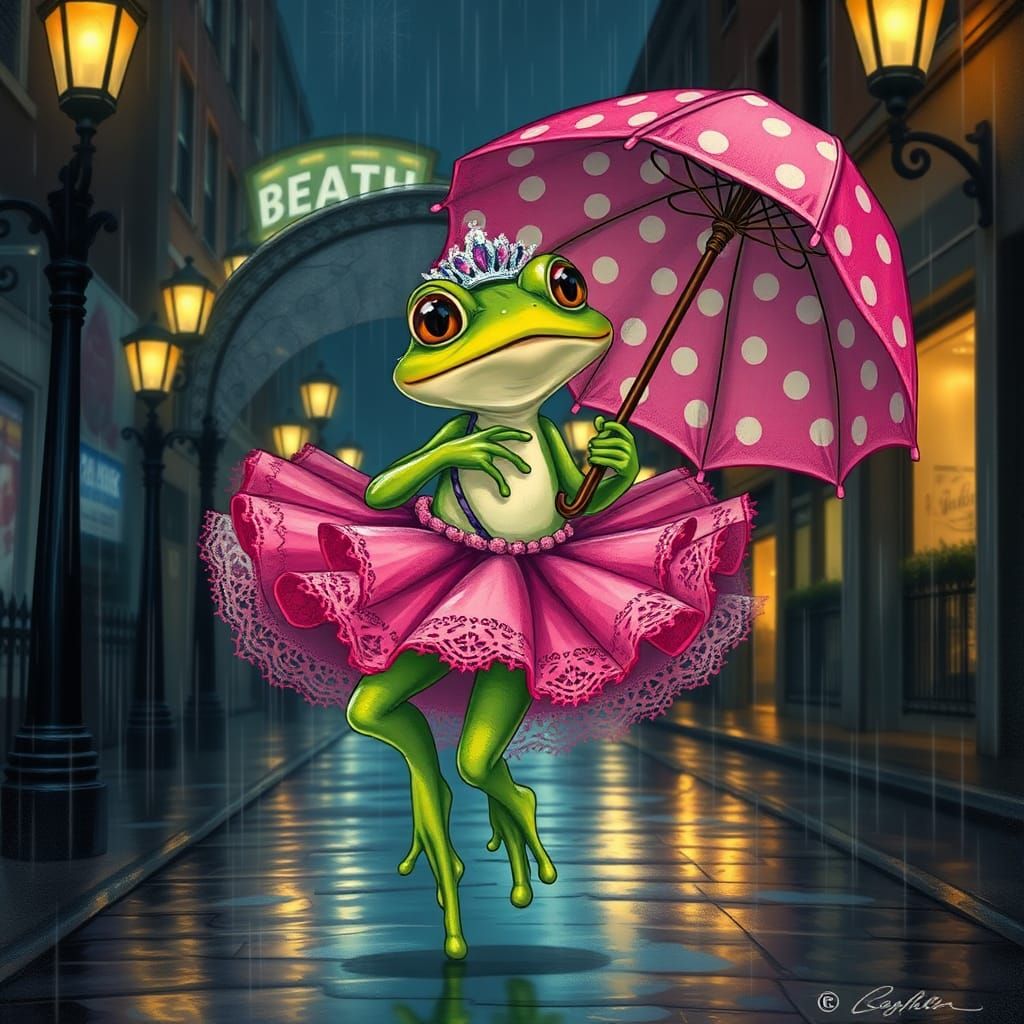 Dancing Frog in Pink Tutu, Cartoon Illustration