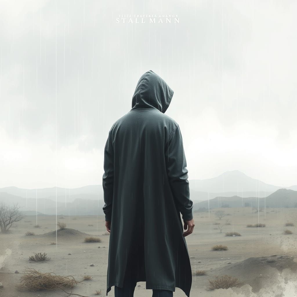 Melancholic Figure in Rainy Landscape, Watercolor Style