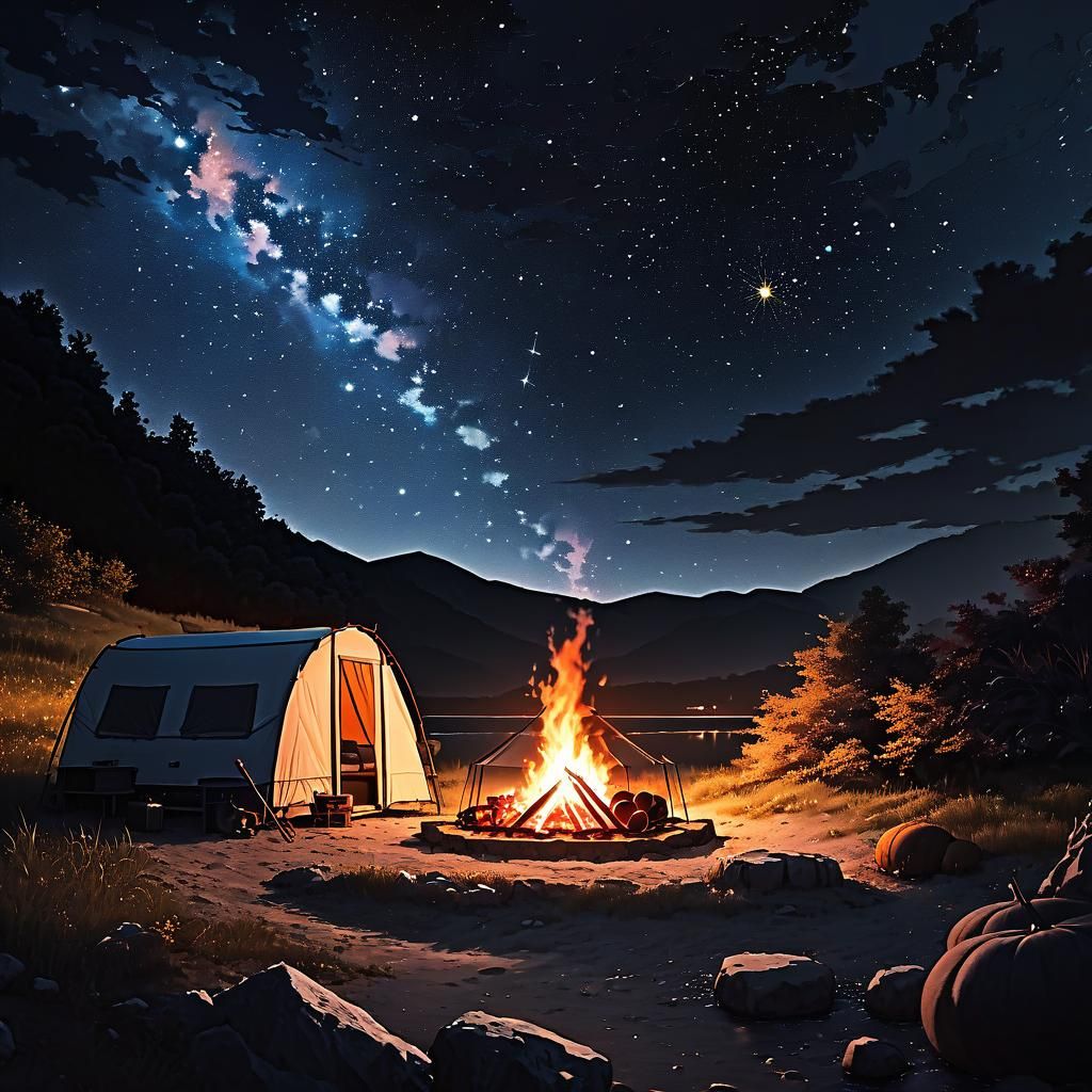 Peaceful Campsite Under Starry Sky in Shin Hanga Style