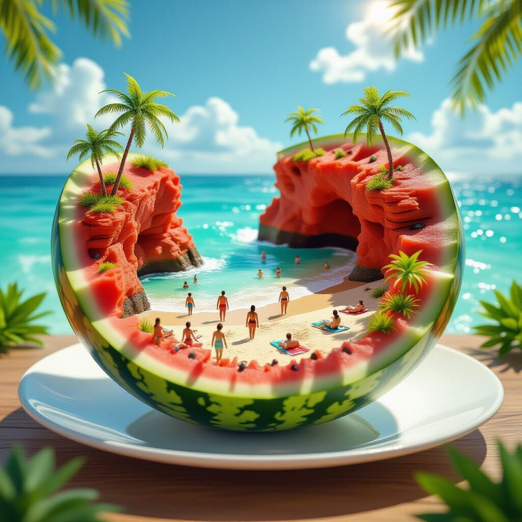 Miniature Beach Scene Crafted Inside a Watermelon