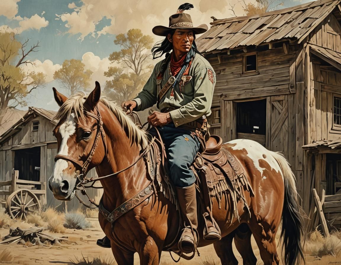 Native American Ranch Hand Beside Barn, Vintage Style