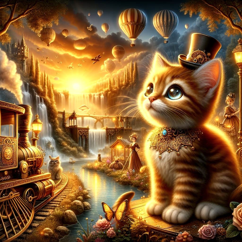 Steampunk Kitten in Victorian Garden, Digital Art