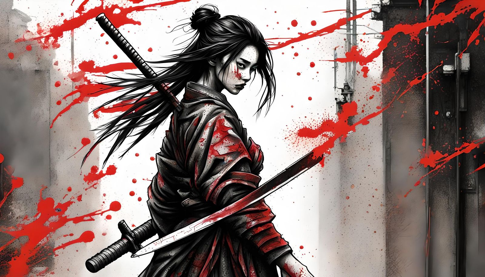 Female Samurai with Sword in Dystopian Street Art