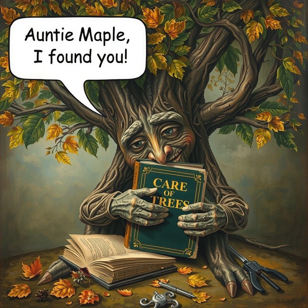 Surrealist Tree Hugs Auntie Maple's Book