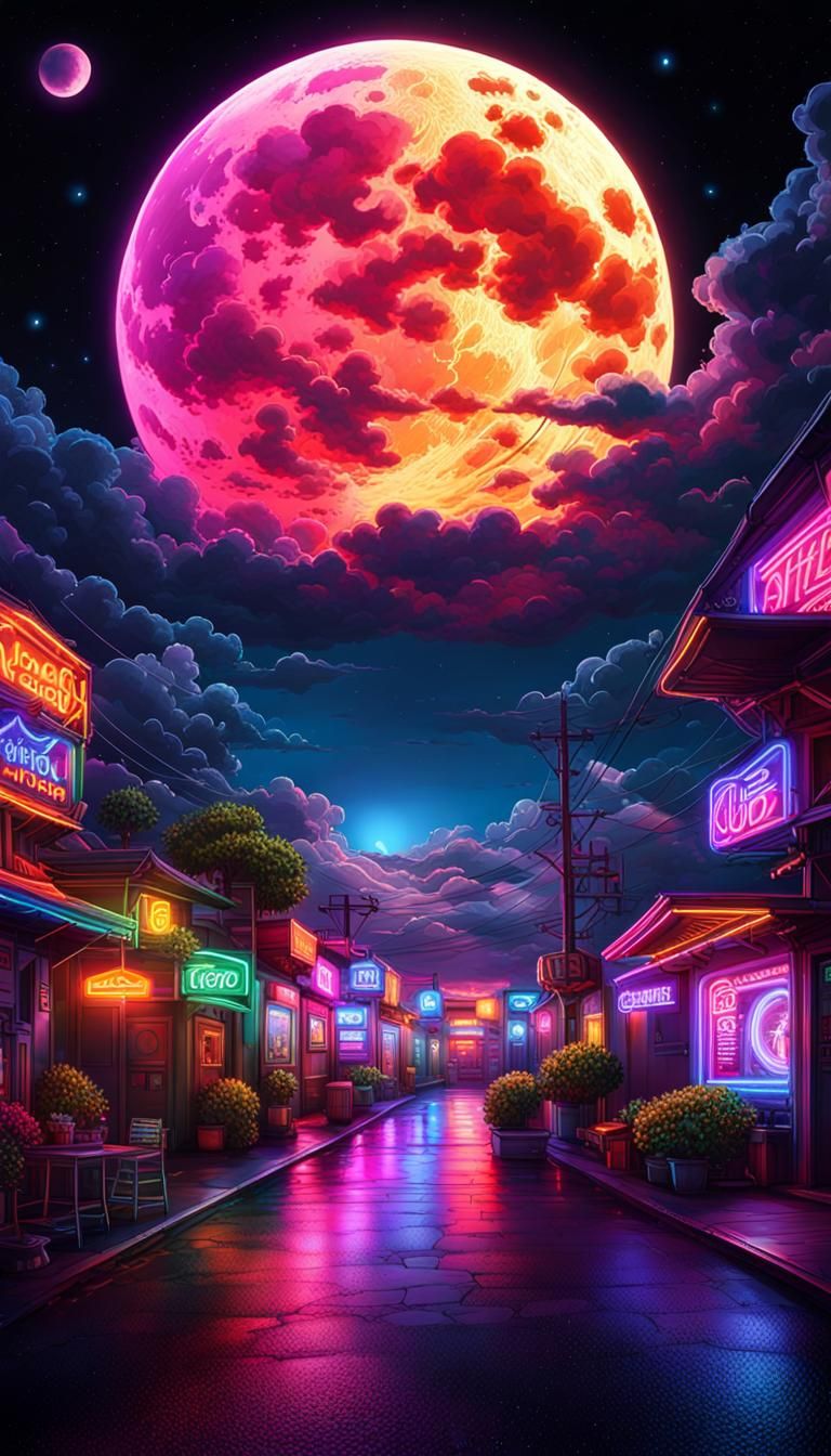 Neon Light Art: Girl Gazing at Stars in Vivid Colors