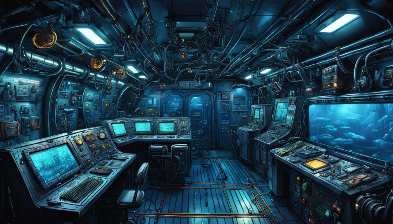 Underwater Submarine Command Center in Comic Book Style