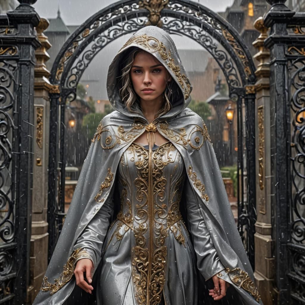 Woman in Silver Cape Before Ornate Gate