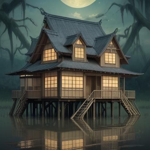 Modern Onion House on Stilts in Anime Style