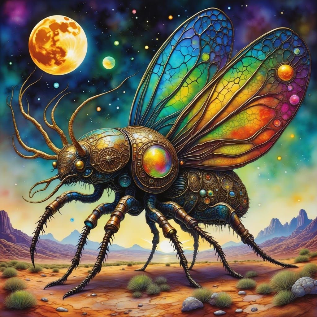 Clockwork Beetle on Desert Under Twin Moons