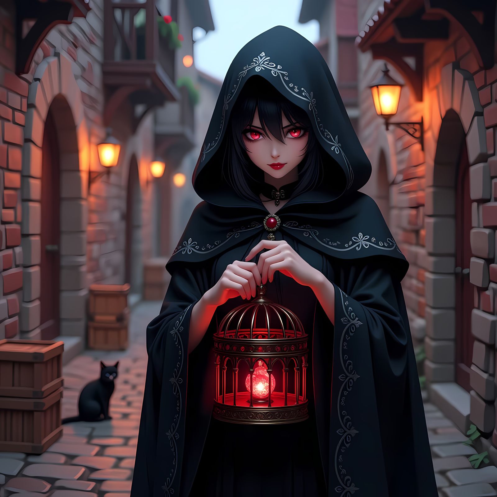Anime Enchantress in Dark Alley with Birdcage