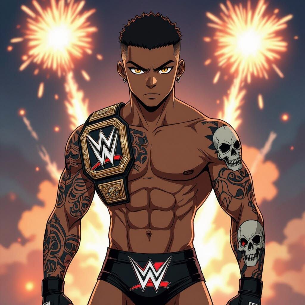 Anime Wrestler with Skeleton Tattoos Holds Championship Belt