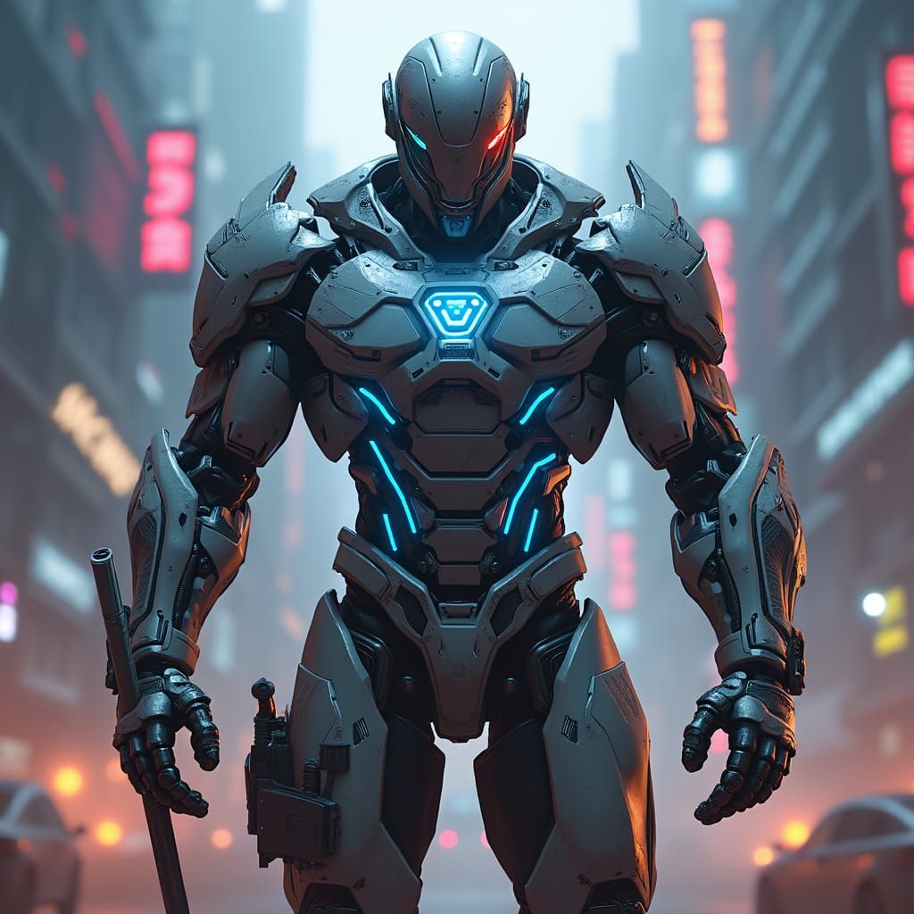 Futuristic Cyborg Warrior in Dystopian Cityscape