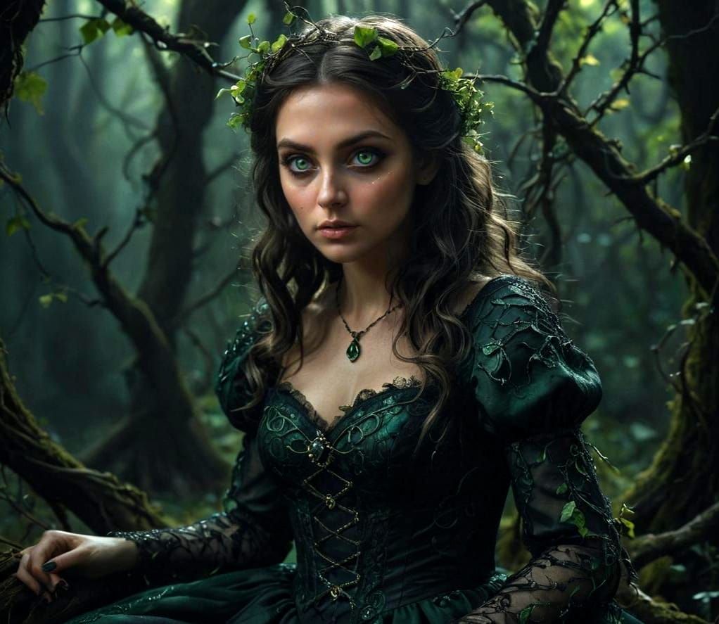 Hyperrealistic Witch with Piercing Green Eyes