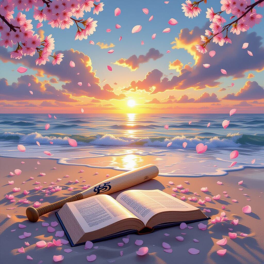 Sunset Beach with Book and Blossoms: Photorealistic Scene