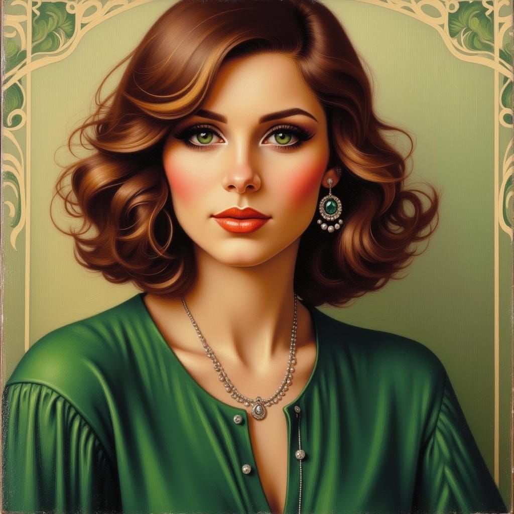 Art Deco Portrait of Woman with Green Blouse