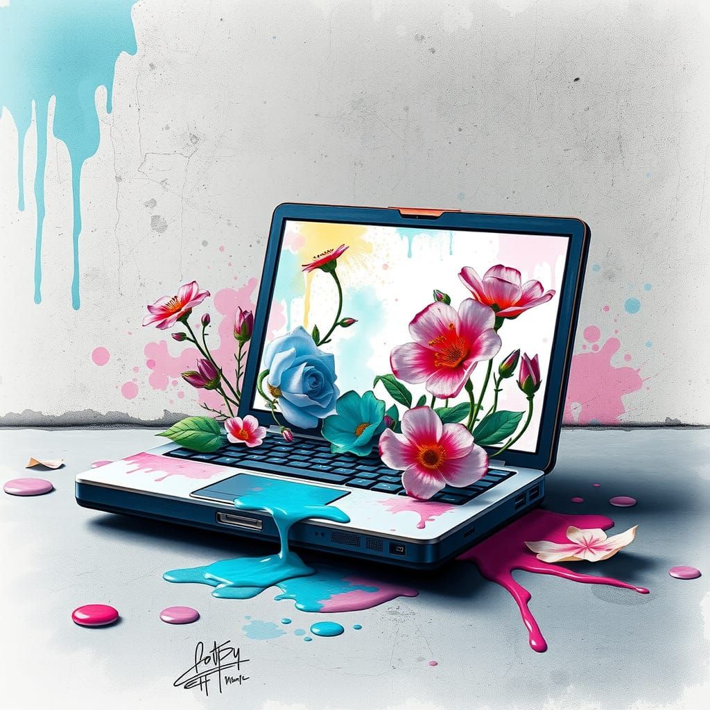 Laptop Garden: Flowers Spill from Screen in Surreal Street A...