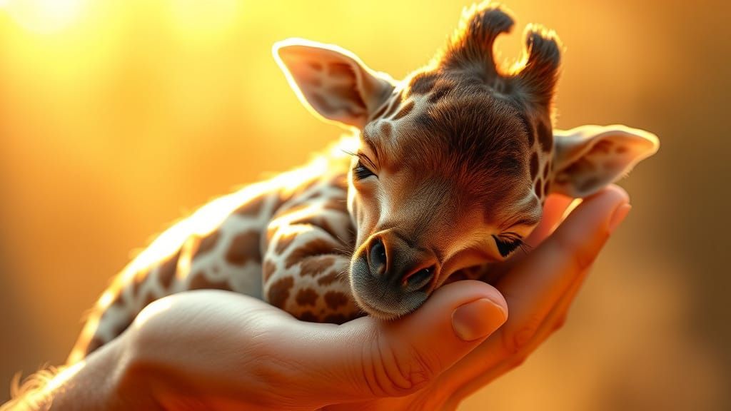 GROS PLAN D'UN bebe GIRAFE qui dort dans la main d'un monsieur, belle lumière, tendresse, pas de défaut Candy art style!...