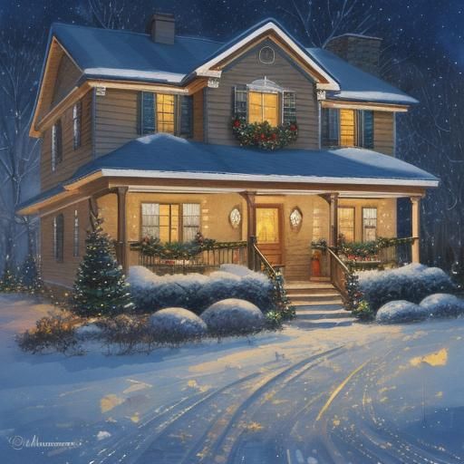 Christmas Lights on Home as Gouache Painting