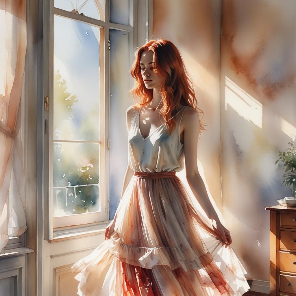 Young Woman in Sunlight: Watercolor Summer Scene