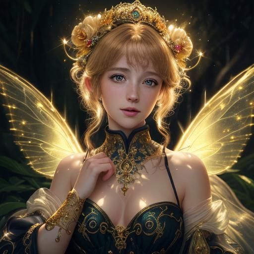 Fairy Portrait with Gold Light Orbs in Fairycore Style