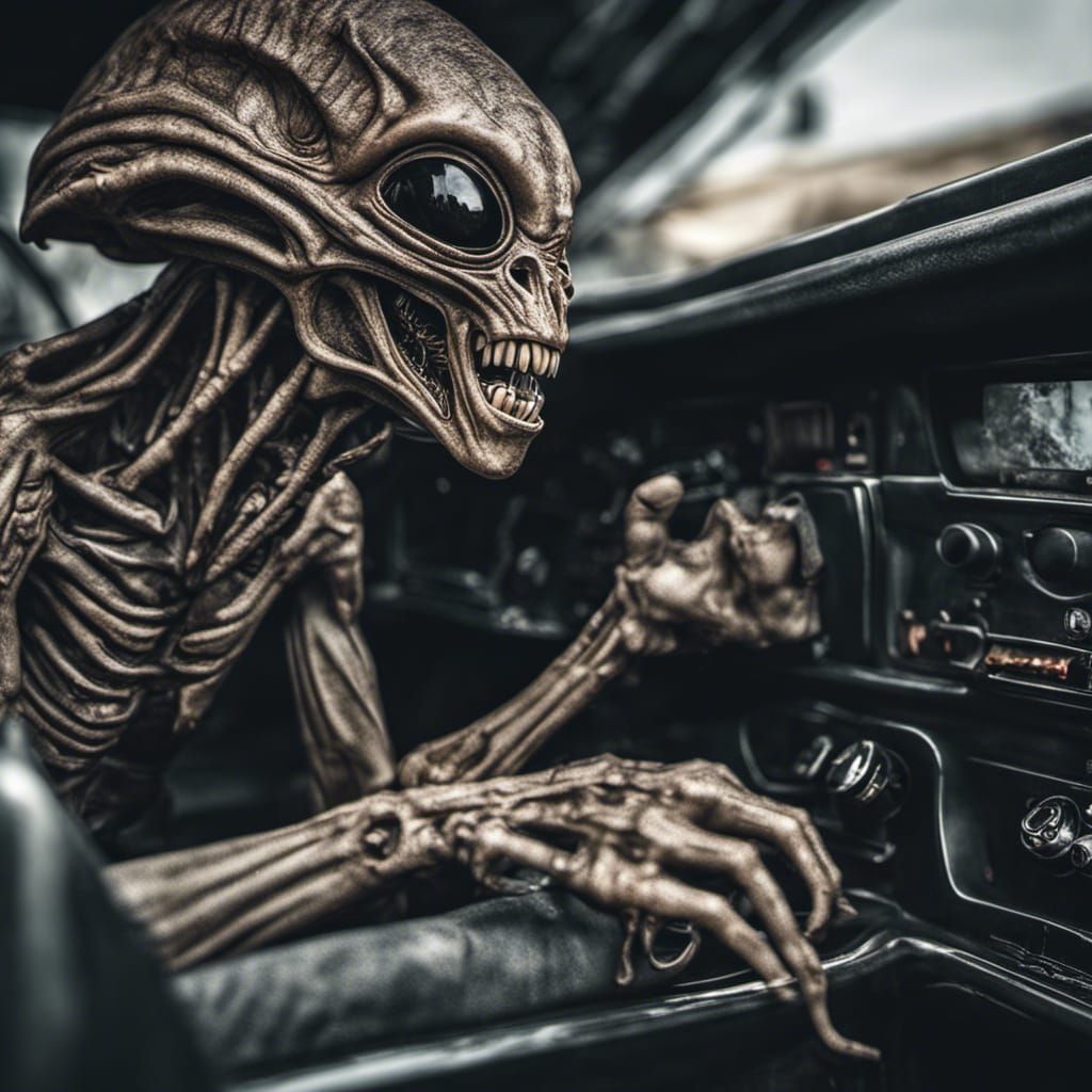 Hyperrealistic Alien Driving a Car in Cinematic Style