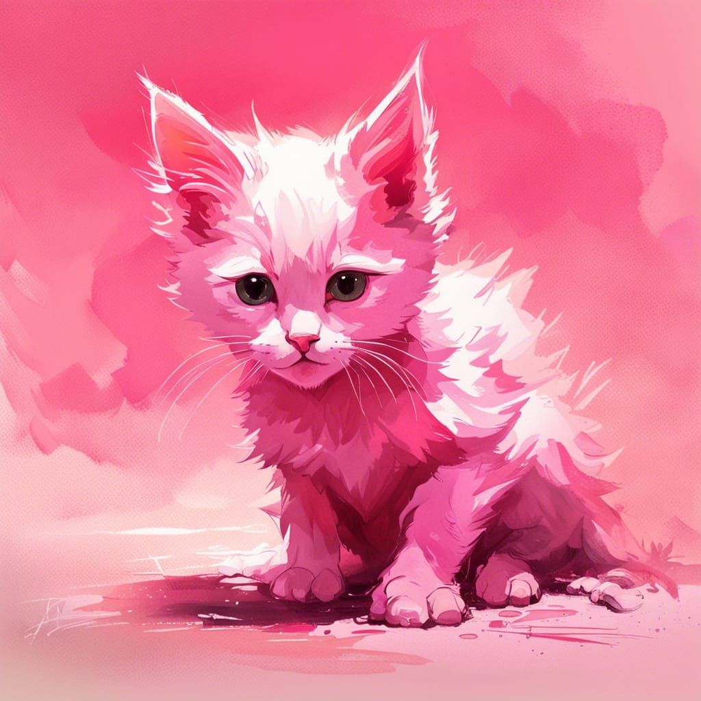 Cute Pink Kitten Gouache and Watercolour Painting