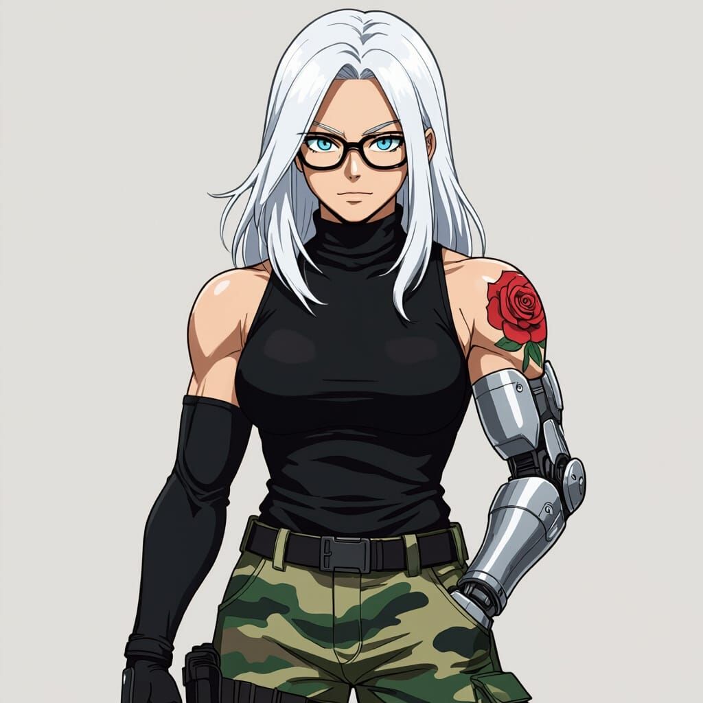 Muscular Heroine with Prosthetic Arm in Anime Style