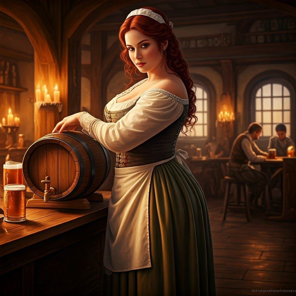 Medieval Barmaid Serving Ale in a Rustic Pub