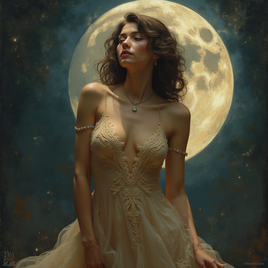 Moonlit Lace Beauty Inspired by Pino Daeni, WLOP, and Mucha