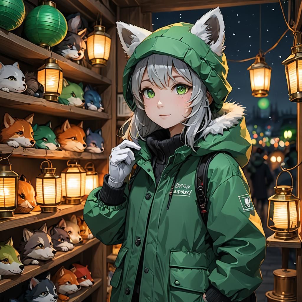 Person with Lantern, Hat, and Fur Trim Jacket