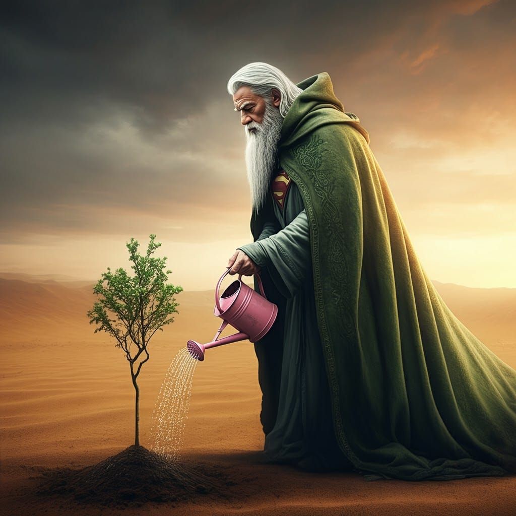 Gandalf Superhero Waters Desert Tree, Hyperrealistic Style
