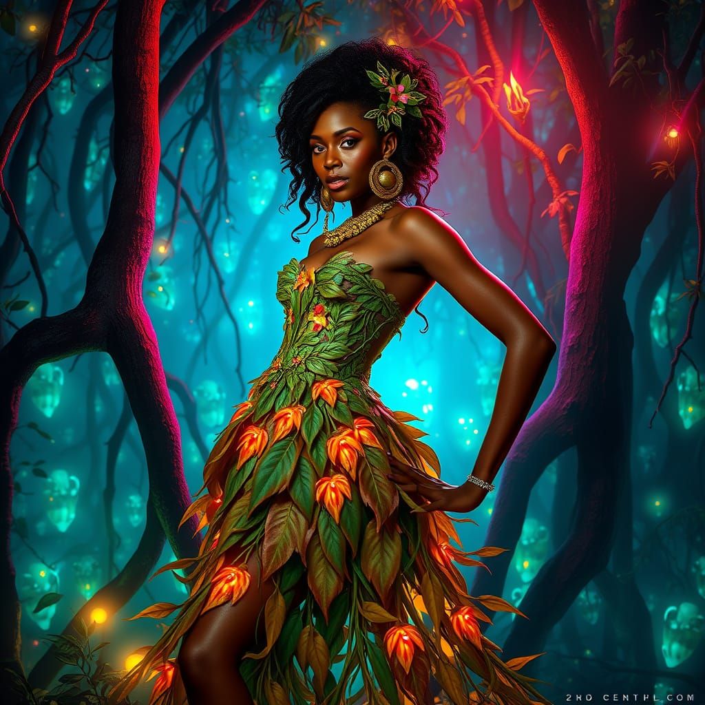 Ghanian Dryad in Bioluminescent Forest, Art Nouveau Style