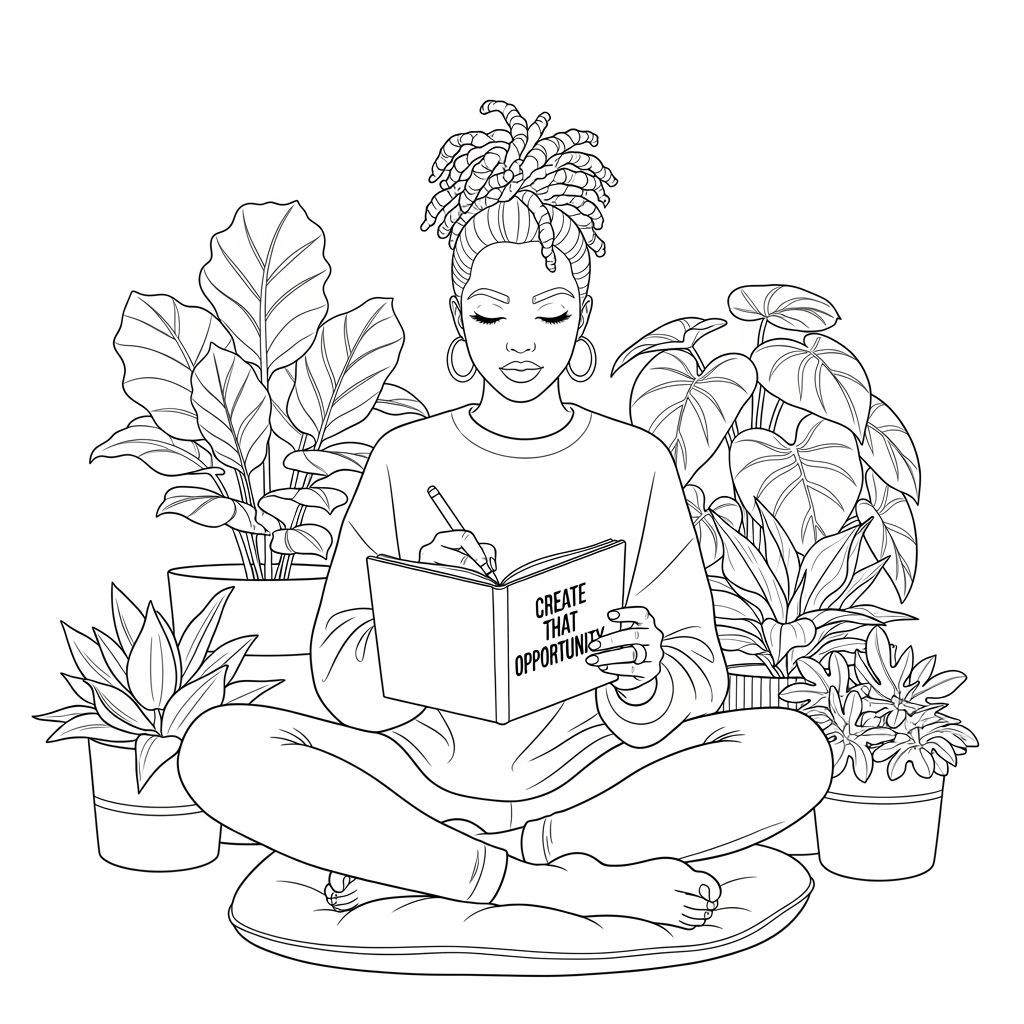 Woman with Journal: Minimalist Coloring Page in Line Art