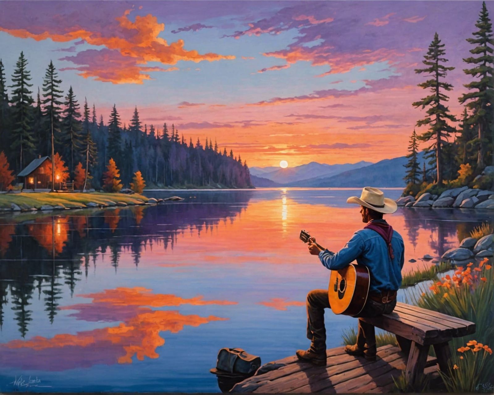 Cowboy Serenade: Lakeside Sunset Painting