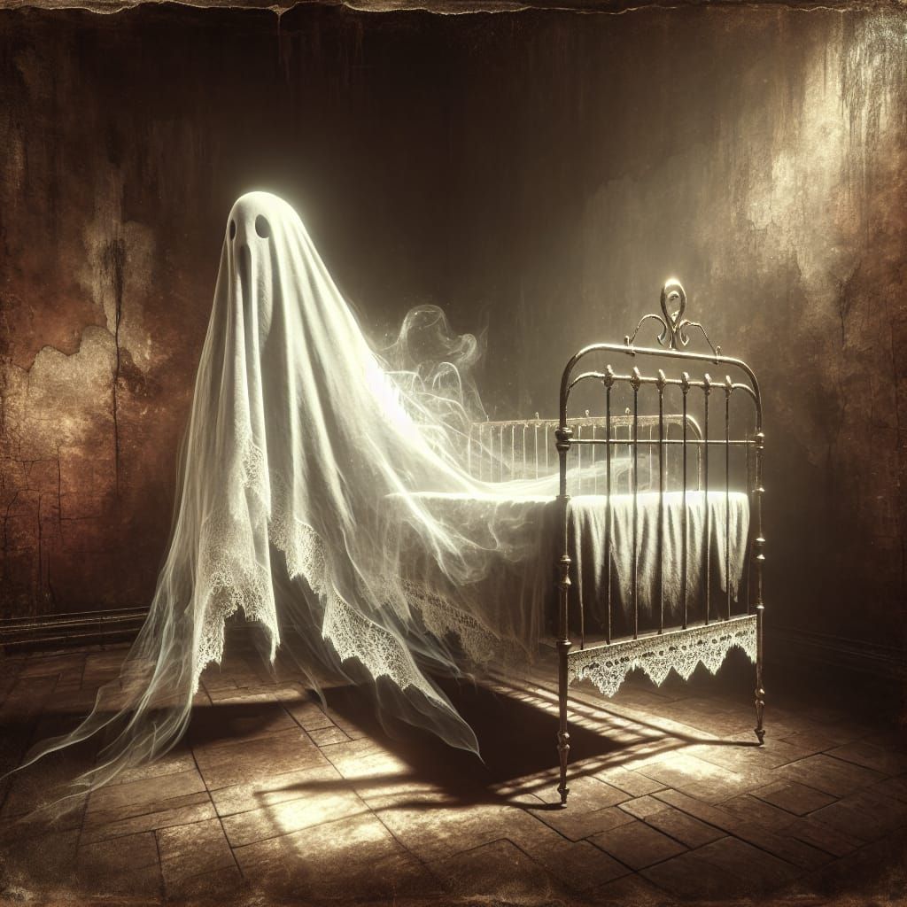 Spectral Entity Meets Antique Cot in Haunting Nursery Scene