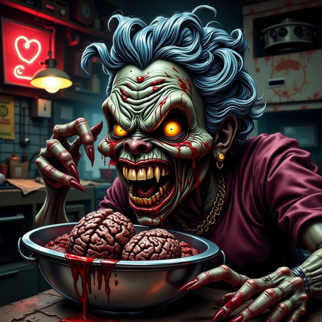 Cyberpunk Granny Zombie Serves Brain Feast